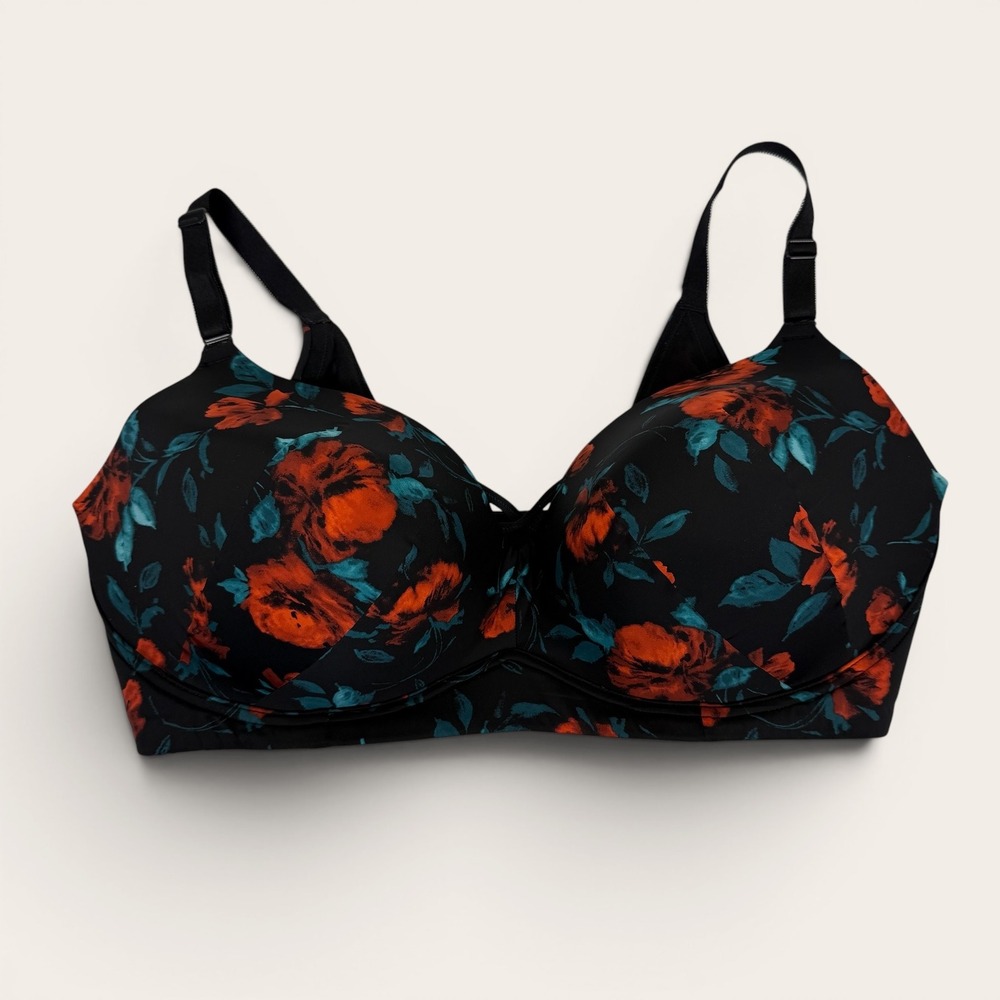 Torrid Dream Wire-Free Push-Up Bra 44DDD Black Red Floral Roses